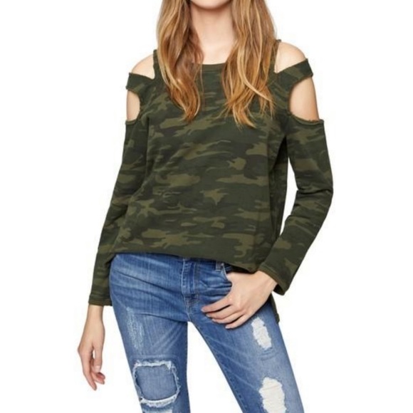 Sanctuary Tops - Sanctuary Cold Shoulder Sweatshirt, Camo, Small